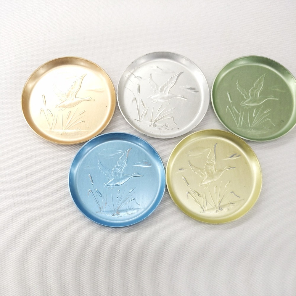 Vintage Anodized‎ Aluminum Coaster Set Multicolor Embossed Duck 5pc 3.5in